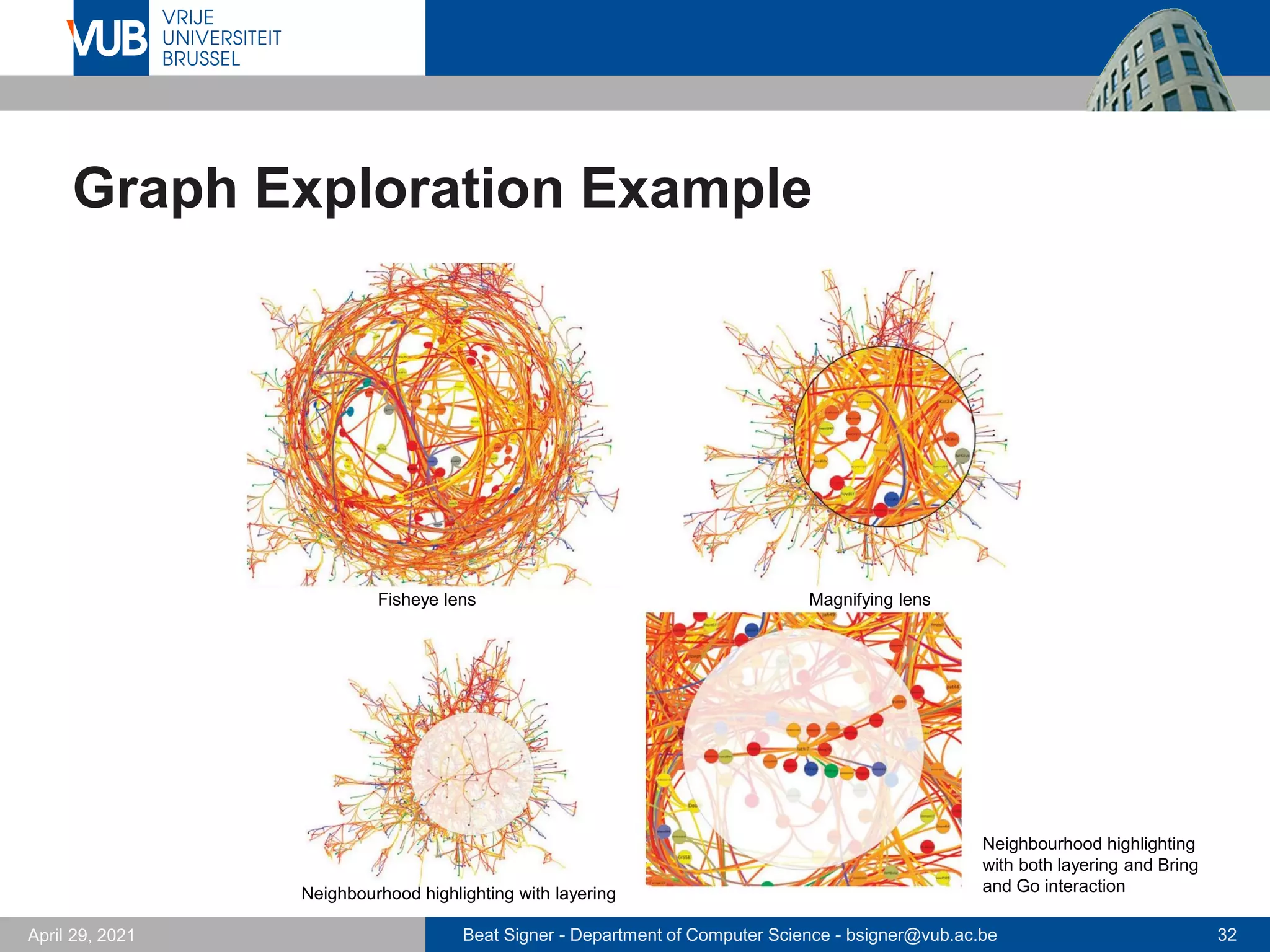 Beat Signer - Department of Computer Science - bsigner@vub.ac.be 32
April 29, 2021
Graph Exploration Example
Fisheye lens Magnifying lens
Neighbourhood highlighting with layering
Neighbourhood highlighting
with both layering and Bring
and Go interaction
 