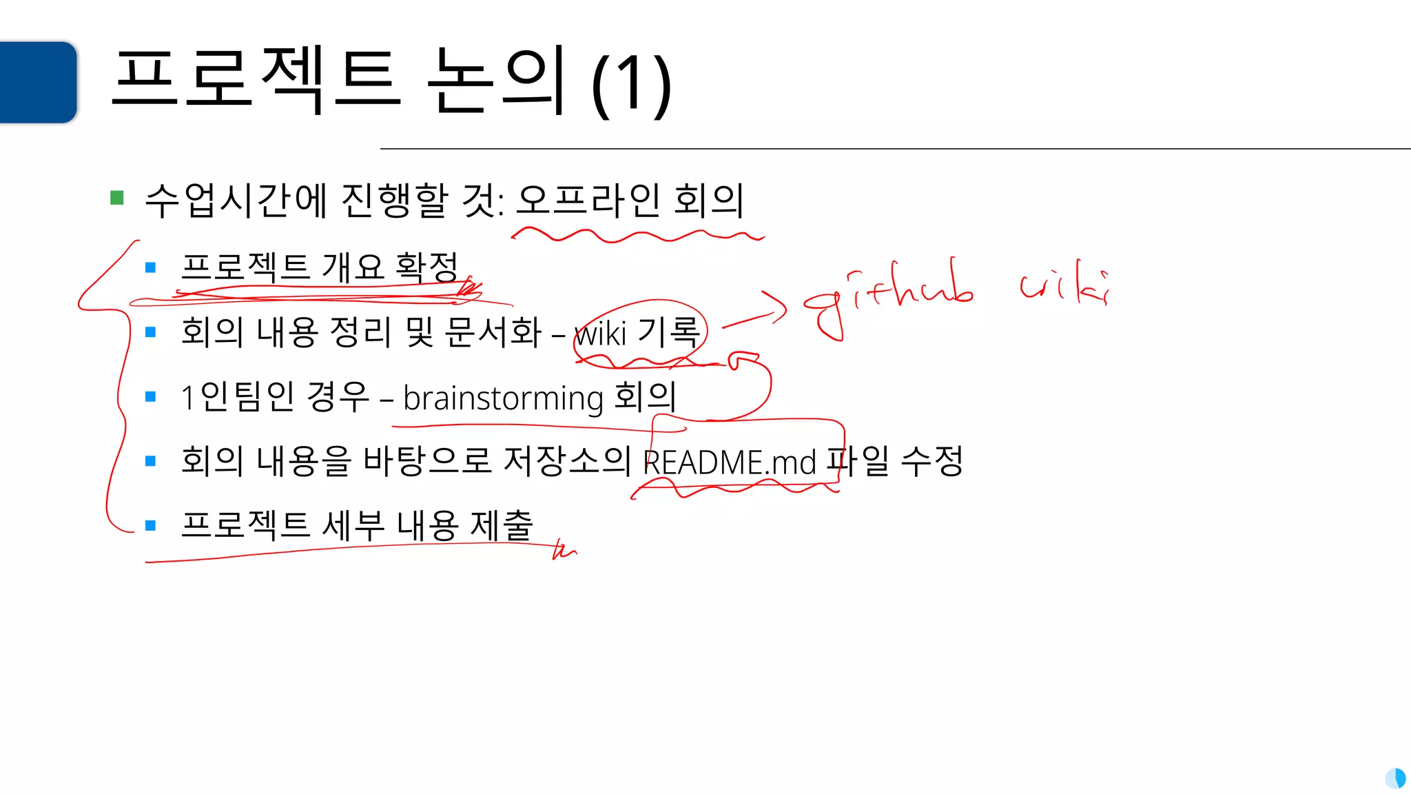 프로젝트 논의 (1)
▪ 수업시간에 진행할 것: 오프라인 회의
▪ 프로젝트 개요 확정
▪ 회의 내용 정리 및 문서화 – wiki 기록
▪ 1인팀인 경우 – brainstorming 회의
▪ 회의 내용을 바탕으로 저장소의 README.md 파일 수정
▪ 프로젝트 세부 내용 제출
 