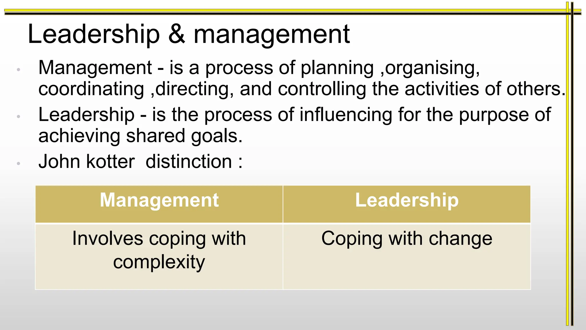 Leadership & management
• Management - is a process of planning ,organising,
coordinating ,directing, and controlling the activities of others.
• Leadership - is the process of influencing for the purpose of
achieving shared goals.
• John kotter distinction :
Management Leadership
Involves coping with
complexity
Coping with change
 