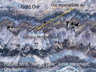 Popular term “Mother Lode” initial placement
Ore Body
Gold Ore Ore mineral Gold Au
Gangue Mineral Quartz
 