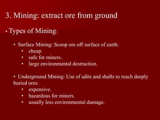 3. Mining: extract ore from ground
• Types of Mining:
• Surface Mining: Scoop ore off surface of earth.
• cheap.
• safe for miners.
• large environmental destruction.
• Underground Mining: Use of adits and shafts to reach deeply
buried ores.
• expensive.
• hazardous for miners.
• usually less environmental damage.
 