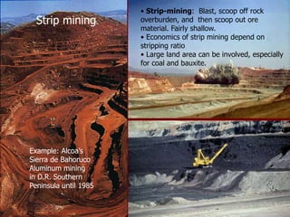• Strip-mining: Blast, scoop off rock
overburden, and then scoop out ore
material. Fairly shallow.
• Economics of strip mining depend on
stripping ratio
• Large land area can be involved, especially
for coal and bauxite.
Strip mining.
Example: Alcoa’s
Sierra de Bahoruco
Aluminum mining
in D.R. Southern
Peninsula until 1985
 