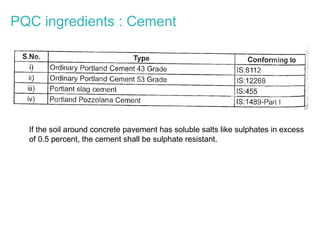 PQC ingredients : Cement
If the soil around concrete pavement has soluble salts like sulphates in excess
of 0.5 percent, the cement shall be sulphate resistant.
 
