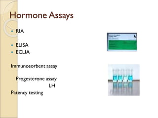 Hormone Assays
 RIA
 ELISA
 ECLIA
Immunosorbent assay
Progesterone assay
LH
Patency testing
 