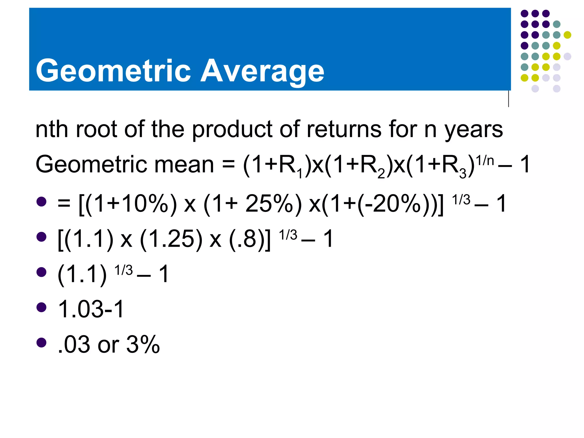 Geometric Average nth root of the product of returns for n years Geometric mean = (1+R 1 )x(1+R 2 )x(1+R 3 ) 1/n  – 1 = [(1+10%) x (1+ 25%) x(1+(-20%))]  1/3  – 1 [(1.1) x (1.25) x (.8)]  1/3  – 1 (1.1)  1/3  – 1 1.03-1 .03 or 3% 