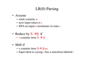 LR(0) Parsing
• Assume
– stack contains α
– next input token is t
– DFA on input α terminates in state s
• Reduce by X β if• Reduce by X β if
– s contains item X β.
• Shift if
– s contains item X β.tω
– Equivalent to saying s has a transition labeled t
 