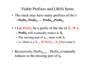 Viable Prefixes and LR(0) Items
• The stack may have many prefixes of rhs’s
– Prefix1 Prefix2 . . . Prefixn-1Prefixn
• • Let Prefixi be a prefix of the rhs of Xi αi
– Prefixi will eventually reduce to Xi– Prefixi will eventually reduce to Xi
– The missing part of αi-1 starts with Xi
– i.e. there is a Xi-1 Prefixi-1 Xi β for some β
• Recursively, Prefixk+1…Prefixn eventually
reduces to the missing part of αk
 