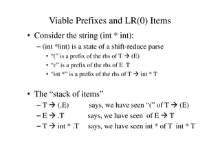 Viable Prefixes and LR(0) Items
• Consider the string (int * int):
– (int *|int) is a state of a shift-reduce parse
• “(” is a prefix of the rhs of T (E)
• “ɛ” is a prefix of the rhs of E T
• “int *” is a prefix of the rhs of T int * T
• The “stack of items”
– T (.E) says, we have seen “(” of T (E)
– E .T says, we have seen of E T
– T int * .T says, we have seen int * of T int * T
 