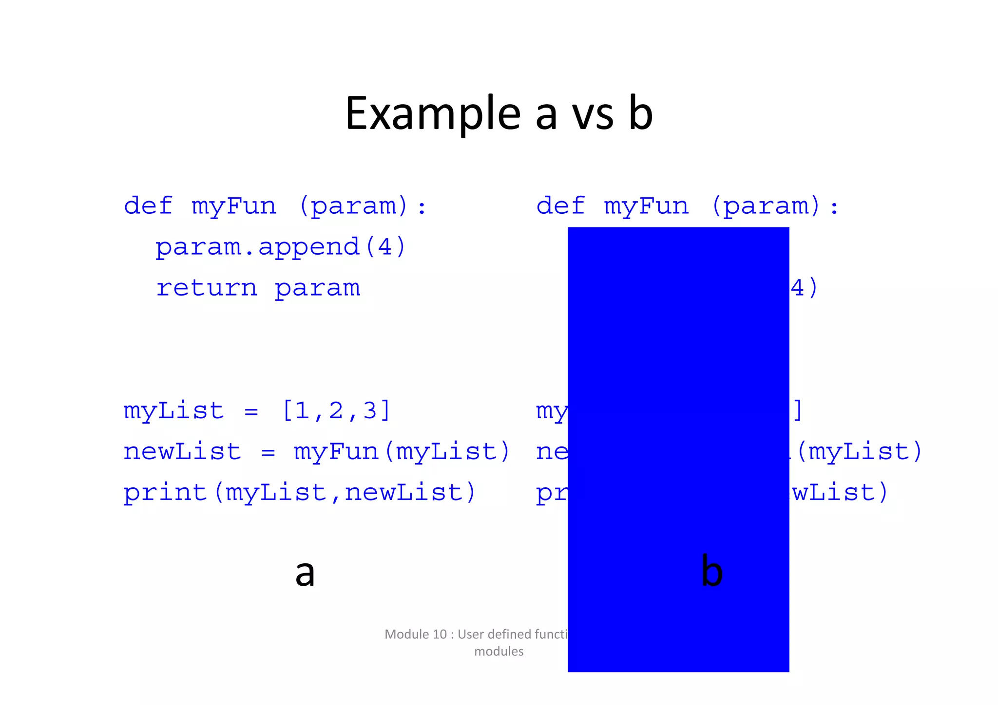 Example a vs b def myFun (param): param.append(4) return param myList = [1,2,3] newList = myFun(myList) print(myList,newList) Module 10 : User defined functions and  modules def myFun (param): param=[1,2,3] param.append(4) return param myList = [1,2,3] newList = myFun(myList) print(myList,newList) a b 