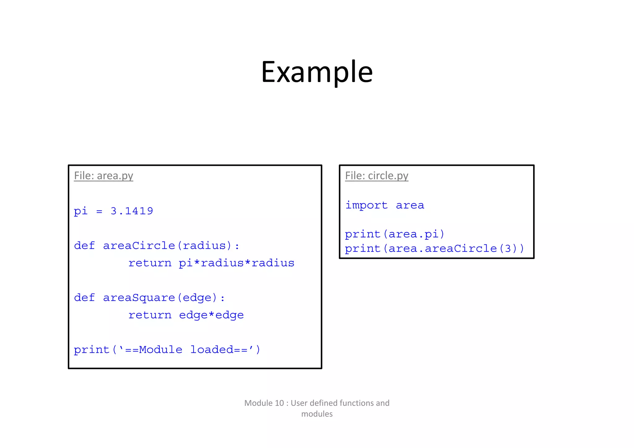 Example File: area.py pi = 3.1419 def areaCircle(radius): return pi*radius*radius def areaSquare(edge): return edge*edge print(‘==Module loaded==’) Module 10 : User defined functions and  modules File: circle.py import area print(area.pi) print(area.areaCircle(3)) 