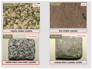 Granite                          Felsic   Rhyolite                         Acid




      clearly visible crystals                   few visible crystals

                                                                     Intermediate
Diorite                  Intermediate     Andesite




 visible felsic and mafic crystals           mainly felsic crystals visible
 