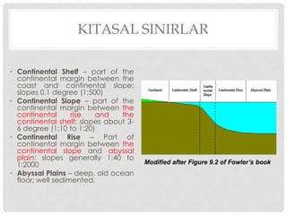 KITASAL SINIRLAR

• Continental Shelf – part of the
  continental margin between the
  coast and continental slope;
  slopes 0.1 degree (1:500)
• Continental Slope – part of the
  continental margin between the
  continental      rise  and    the
  continental shelf; slopes about 3-
  6 degree (1:10 to 1:20)
• Continental Rise – Part of
  continental margin between the
  continental slope and abyssal
  plain; slopes generally 1:40 to
  1:2000                               Modified after Figure 9.2 of Fowler’s book
• Abyssal Plains – deep, old ocean
  floor; well sedimented.
 