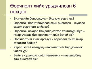 Өөрчлөлт хийх урьдчилсан 6 нөхцөлБизнесийн боломжууд – бид юуг өөрчлөх?