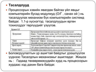 ТасалдлуудПроцессорынхэвийнявагдажбайгааүйлявцыгкомпьютерийнбусадмодулиуд (О/Г , санахой ) ньтасалдуулахмеханизмбүхкомпьютерийнсистемдбайдаг.  1.1-р хүснэгтэд  тасалдлуудынөргөнтохиолддогтөрлүүдийгүзүүлэв. БоловсруулалтынүрашигтайбайдлыгдээшлүүлэхүүднээсТасалдлынмеханизмыгашигладаг.  Жишээнь :   Гадаадтөхөөрөмжүүдийнхурдньпроцессорынхурдаасхэддахинбагабайдаг.  