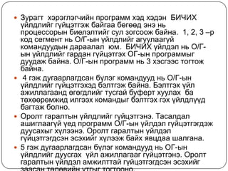 Зурагт  хэрэглэгчийнпрограммхэдхэдэн  БИЧИХ үйлдлийггүйцэтгэжбайгаабөгөөдэнэньпроцессорынбиелэлтийгсулзогсоожбайна.  1, 2, 3 –р кодсегментнь О/Г-ынүйлдлийгагуулаагүйкомандуудындараалал  юм.  БИЧИХ үйлдэлнь О/Г-ынүйлдлийггардангүйцэтгэх ОГ-ынпрограммыгдуудажбайна. О/Г-ынпрограммнь 3 хэсгээстогтожбайна.  4 гэждугаарлагдсанбүлэгкомандууднь О/Г-ынүйлдлийггүйцэтгэхэдбэлтгэжбайна. Бэлтгэхүйлажиллагаандөгөгдлийгтусгайбуфертхуулах  батөхөөрөмжидилгээхкомандыгбэлтгэхгэхүйлдлүүдбагтажболно.Оролтгаралтынүйлдлийггүйцэтгэнэ. Тасалдалашиглаагүйүедпрограмм О/Г-ынүйлдэлгүйцэтгэгдэждуусахыгхүлээнэ. Оролтгаралтынүйлдэлгүйцэтгэгдсэнэсэхийгхүлээжбайхявцдаашалгана.5 гэждугаарлагдсанбүлэгкомандууднь ОГ-ынүйлдлийгдуусгах  үйлажиллагааггүйцэтгэнэ. Оролтгаралтынүйлдэламжилттайгүйцэтгэгдсэнэсэхийгзаасантөлөвийнутгыгтогтооно. 