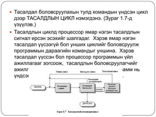 Тасалдалболовсруулахынтулдкомандынүндсэнциклдээр ТАСАЛДЛЫН ЦИКЛ нэмэгдэнэ. (Зураг 1.7-д үзүүлэв.)Тасалдлынциклдпроцессорямарнэгэнтасалдлынсигналирсэнэсэхийгшалгадаг.  Хэрэвямарнэгэнтасалдалүүсээгүйболуншихциклийгболовсруулжпрограммындараагийнкомандыгуншина.  Хэрэвтасалдалүүссэнболпроцессорпрограммынүйлажиллагаагзогсоож,  тасалдлынболовсруулагчийгажиллуулна.  Тасалдалболовсруулагчпрограммньүндсэндээүйлдлийнсистемийннэгхэсэгюм. 