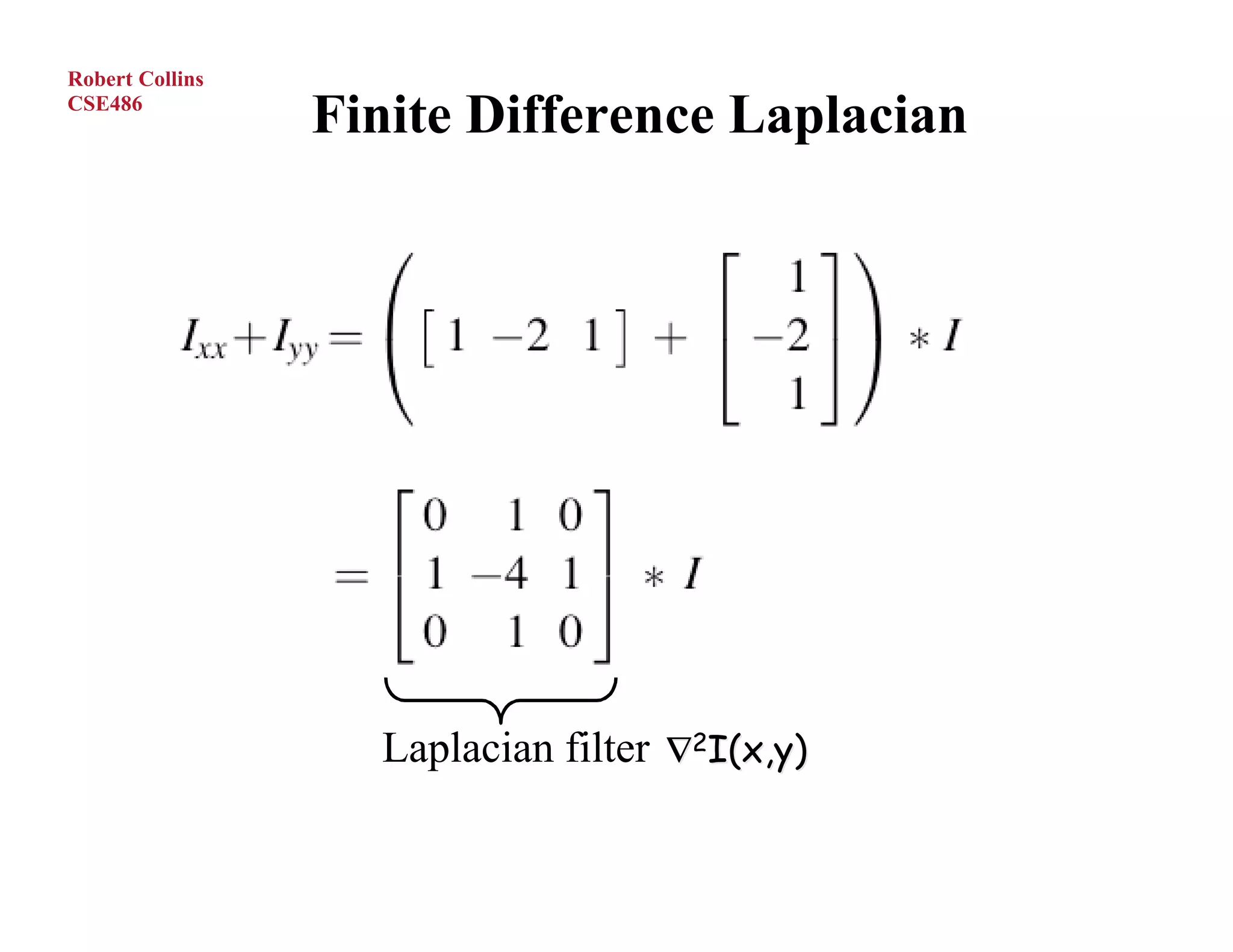 Robert Collins
CSE486
                 Finite Difference Laplacian




                   Laplacian filter ∇2I(x,y)
 