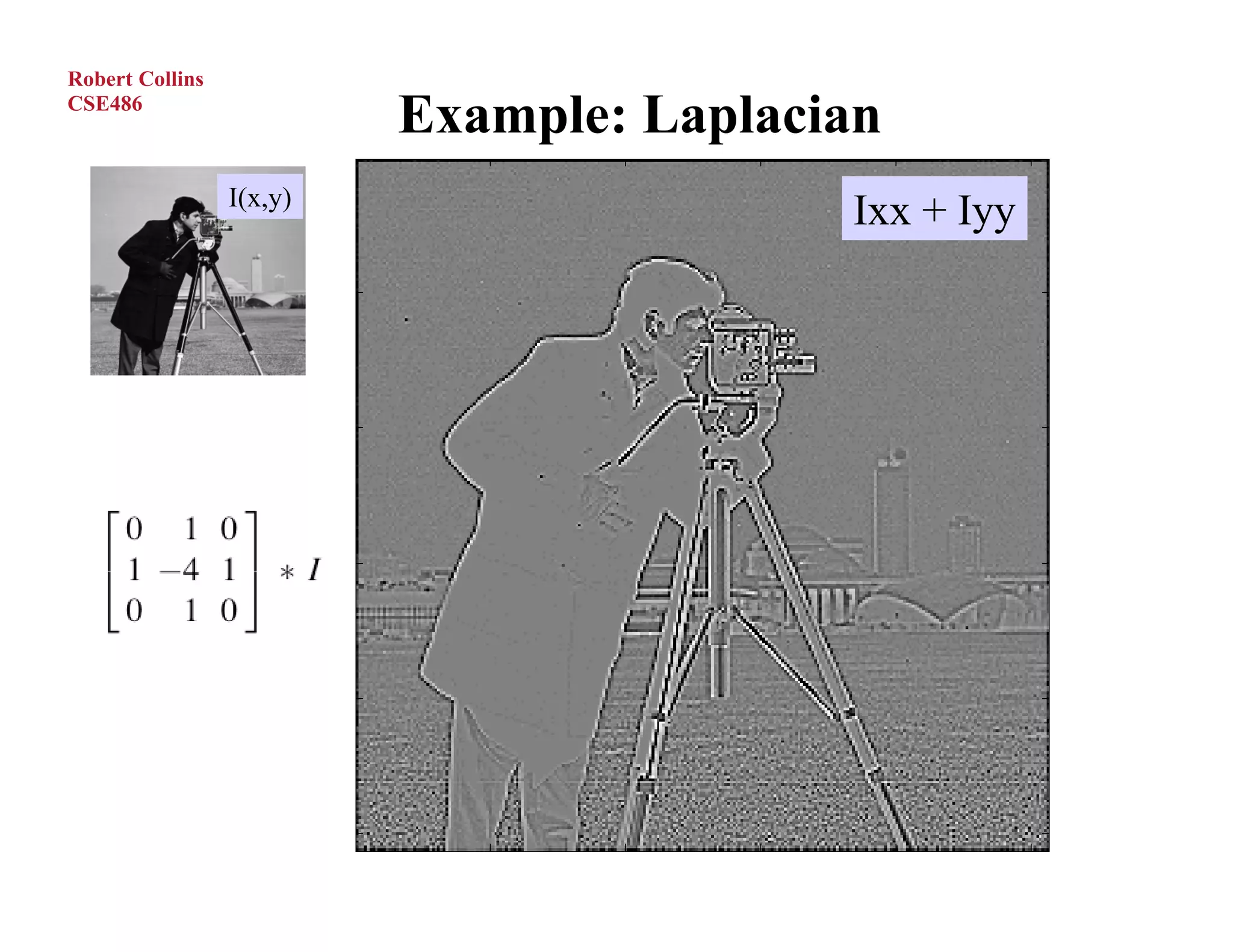 Robert Collins
CSE486
                          Example: Laplacian
                 I(x,y)
                                          Ixx + Iyy
 