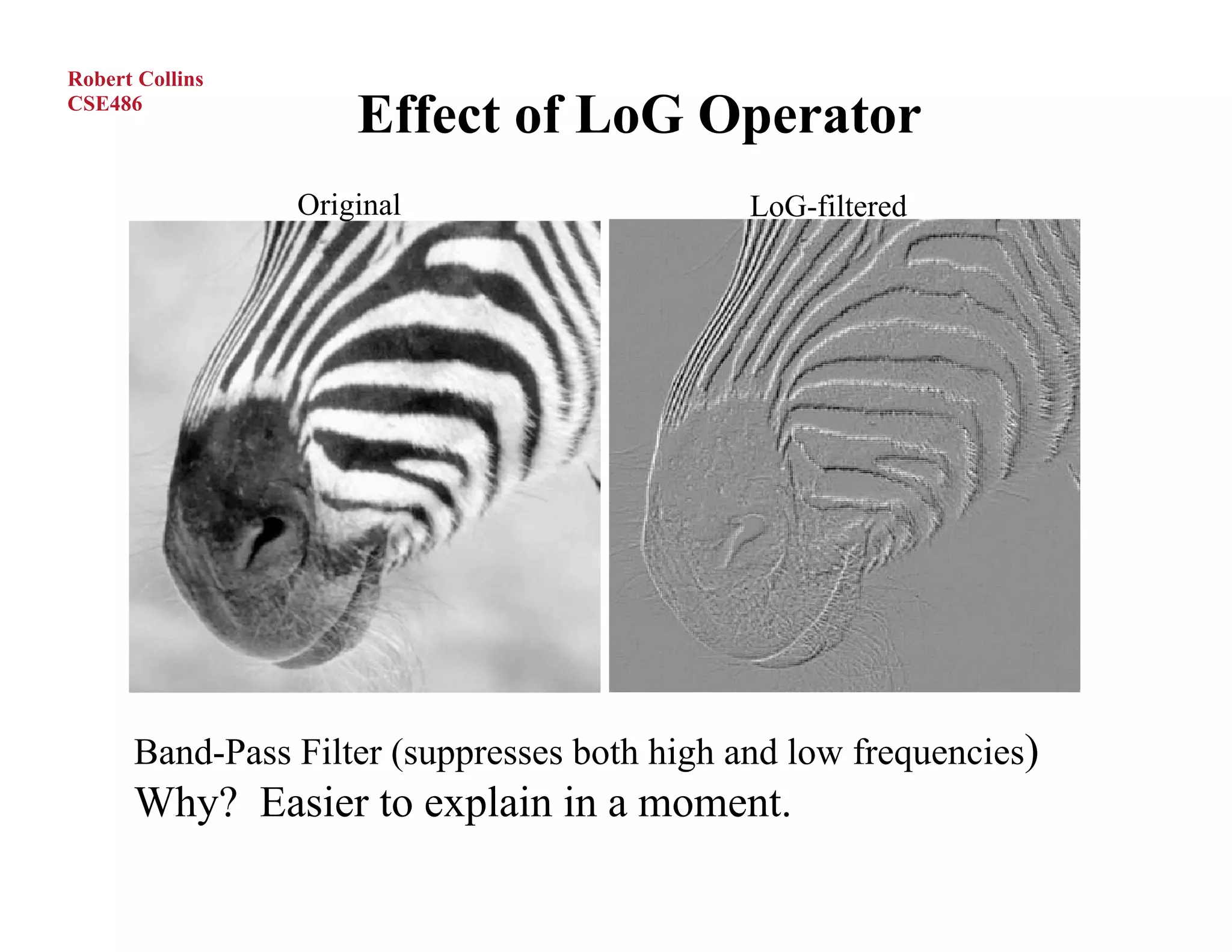 Robert Collins
CSE486
                     Effect of LoG Operator
                 Original                     LoG-filtered




      Band-Pass Filter (suppresses both high and low frequencies)
      Why? Easier to explain in a moment.
 