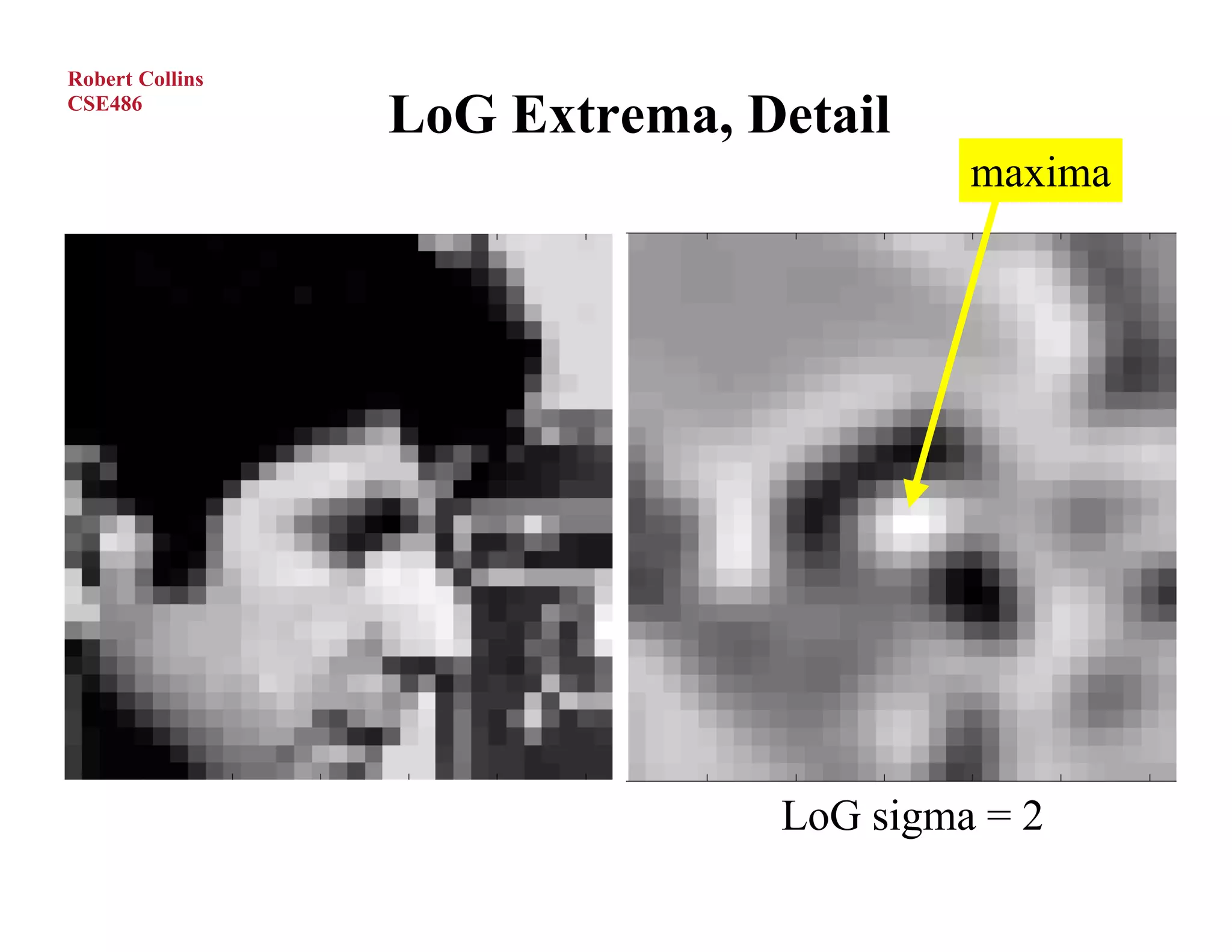 Robert Collins
CSE486
                 LoG Extrema, Detail
                                        maxima




                               LoG sigma = 2
 