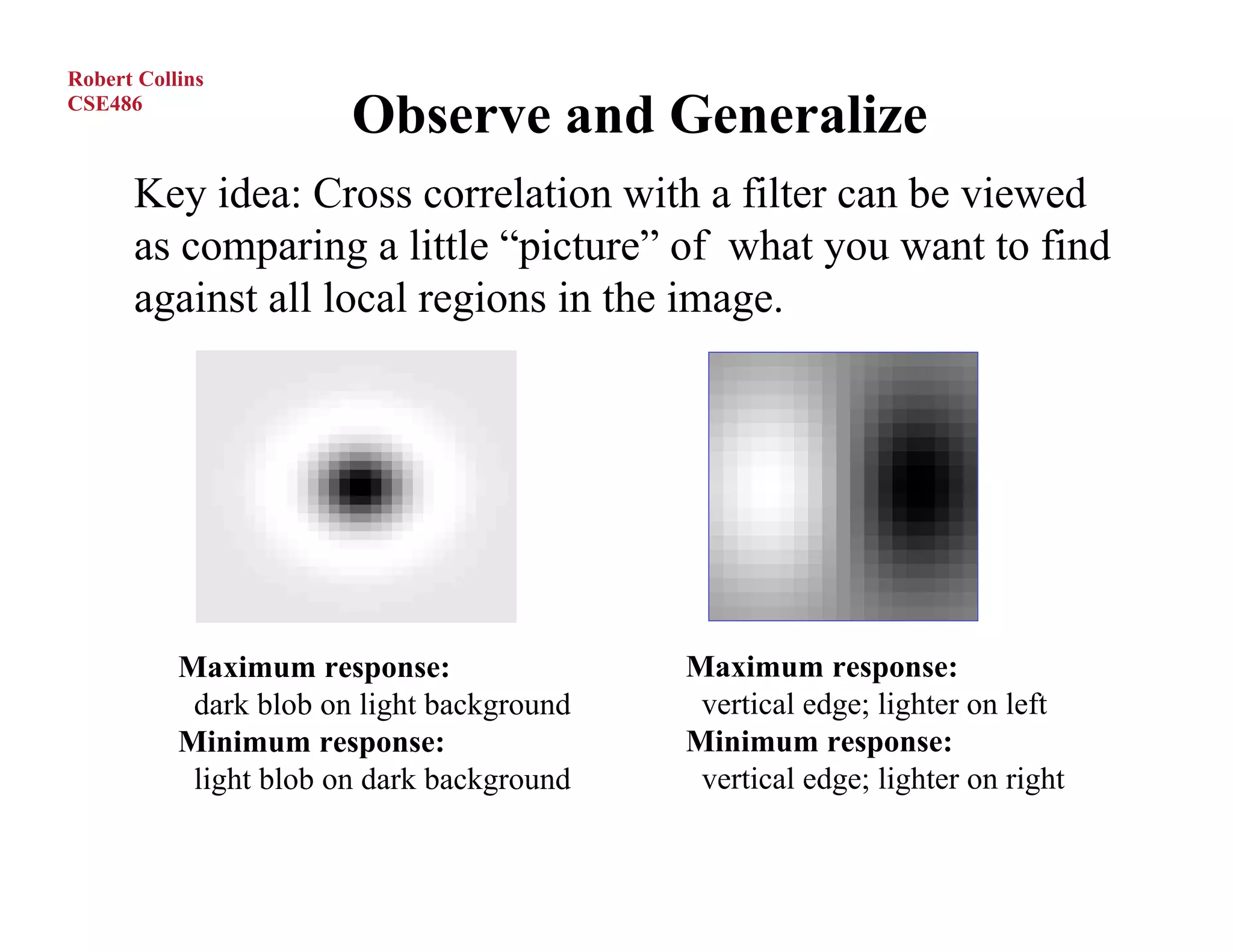 Robert Collins
CSE486
                        Observe and Generalize
      Key idea: Cross correlation with a filter can be viewed
      as comparing a little “picture” of what you want to find
      against all local regions in the image.




           Maximum response:                Maximum response:
            dark blob on light background    vertical edge; lighter on left
           Minimum response:                Minimum response:
            light blob on dark background    vertical edge; lighter on right
 