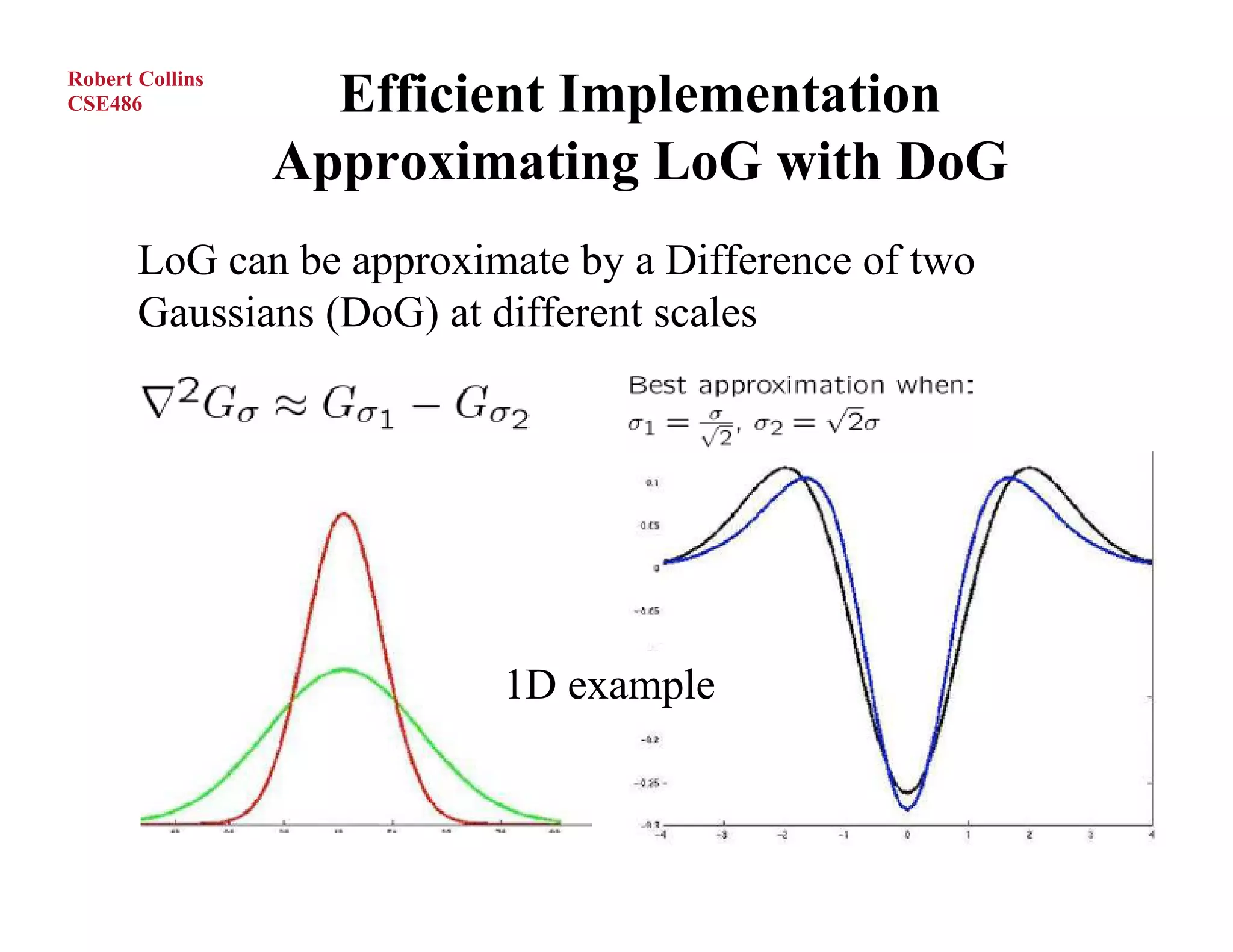 Robert Collins
CSE486             Efficient Implementation
                 Approximating LoG with DoG
       LoG can be approximate by a Difference of two
       Gaussians (DoG) at different scales




                          1D example


M.Hebert, CMU
 