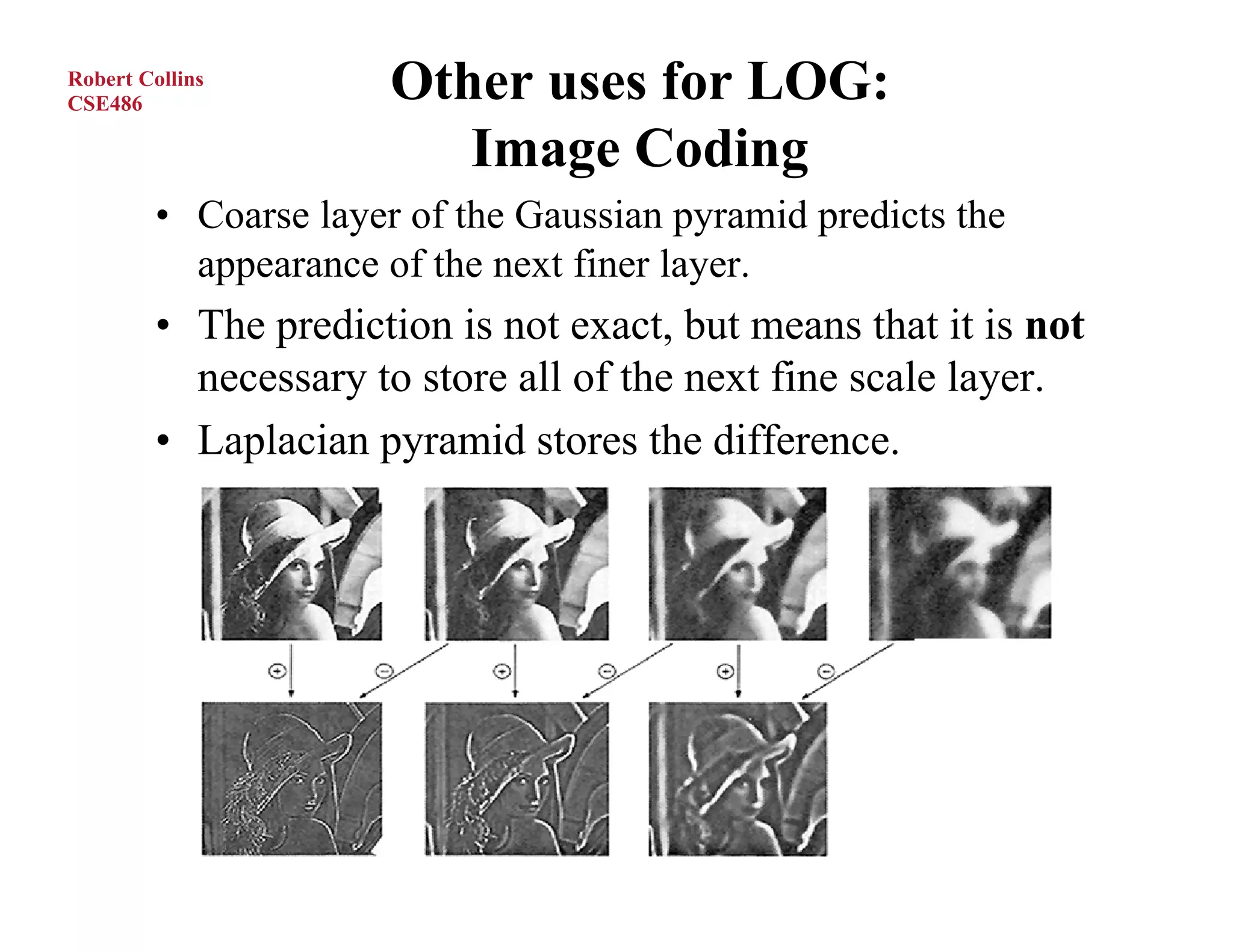 Robert Collins
CSE486
                       Other uses for LOG:
                          Image Coding
         • Coarse layer of the Gaussian pyramid predicts the
           appearance of the next finer layer.
         • The prediction is not exact, but means that it is not
           necessary to store all of the next fine scale layer.
         • Laplacian pyramid stores the difference.
 
