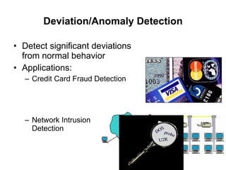 Deviation/Anomaly Detection Detect significant deviations from normal behavior Applications: Credit Card Fraud Detection Network Intrusion  Detection 
