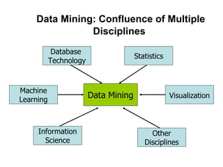 Data Mining: Confluence of Multiple Disciplines   Data Mining Database  Technology Statistics Other Disciplines Information Science Machine Learning Visualization 