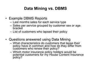 Data Mining vs. DBMS Example DBMS Reports  Last months sales for each service type  Sales per service grouped by customer sex or age bracket  List of customers who lapsed their policy  Questions answered using Data Mining  What characteristics do customers that lapse their policy have in common and how do they differ from customers who renew their policy?  Which motor insurance policy holders would be potential customers for my House Content Insurance policy?  