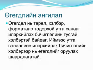 ªãºãäëèéí àíãèëàë
 ªãºãäºë íü òºðºë, õýëáýð,
 ôîðìàòààð òîäîðõîé óòãà ñàíààã
 èëýðõèéëýõ áè÷èãëýëèéí òóñãàé
 õýëáýðòýé áàéäàã. Èéìýýñ óòãà
 ñàíààã çºâ èëýðõèéëýõ áè÷èãëýëèéí
 õýëáýðýýð íü ºãºãäëèéã îðóóëàõ
 øààðäëàãàòàé.
 