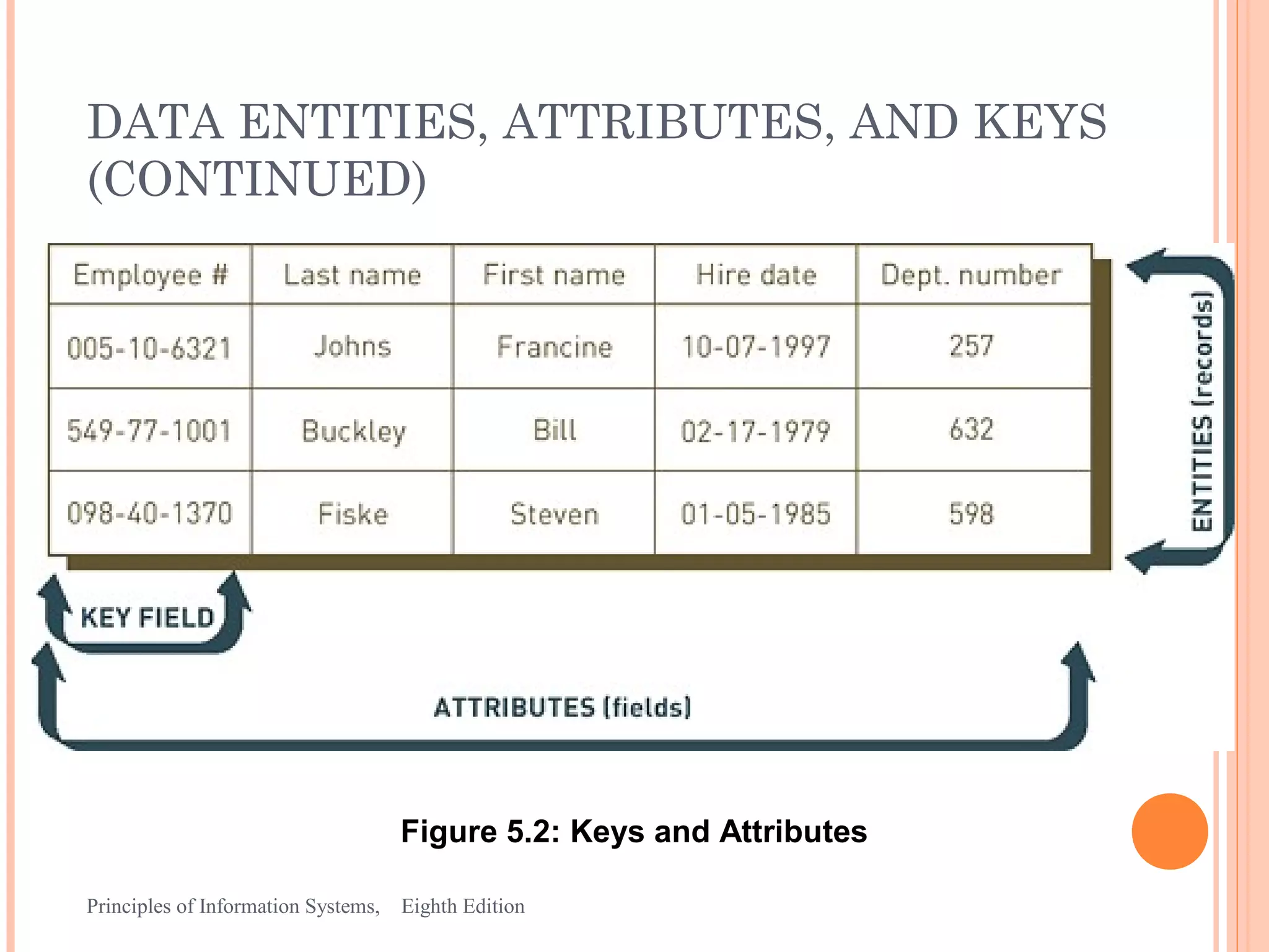 DATA ENTITIES, ATTRIBUTES, AND KEYS (CONTINUED) Figure 5.2: Keys and Attributes Principles of Information Systems, Eighth Edition 13 