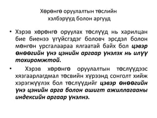 Хөрөнгө оруулалтын төслийн
хэлбэрүүд болон аргууд

• Хэрэв хөрөнгө оруулах төслүүд нь харилцан
бие биенээ үгүйсгэдэг боловч эрсдэл болон
мөнгөн урсгалаараа ялгаатай байх бол цэвэр
өнөөгийн үнэ цэнийн аргаар үнэлэх нь илүү
тохиромжтой.
•
Хэрэв хөрөнгө оруулалтын төслүүдээс
хязгаарлагдмал төсвийн хүрээнд сонголт хийж
хэрэгжүүлэх бол төслүүдийг цэвэр өнөөгийн
үнэ цэнийн арга болон ашигт ажиллагааны
индексийн аргаар үнэлнэ.

 
