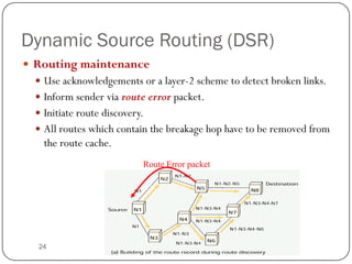 24
Dynamic Source Routing (DSR)
 Routing maintenance
 Use acknowledgements or a layer-2 scheme to detect broken links.
 Inform sender via route error packet.
 Initiate route discovery.
 All routes which contain the breakage hop have to be removed from
the route cache.
Route Error packet
 