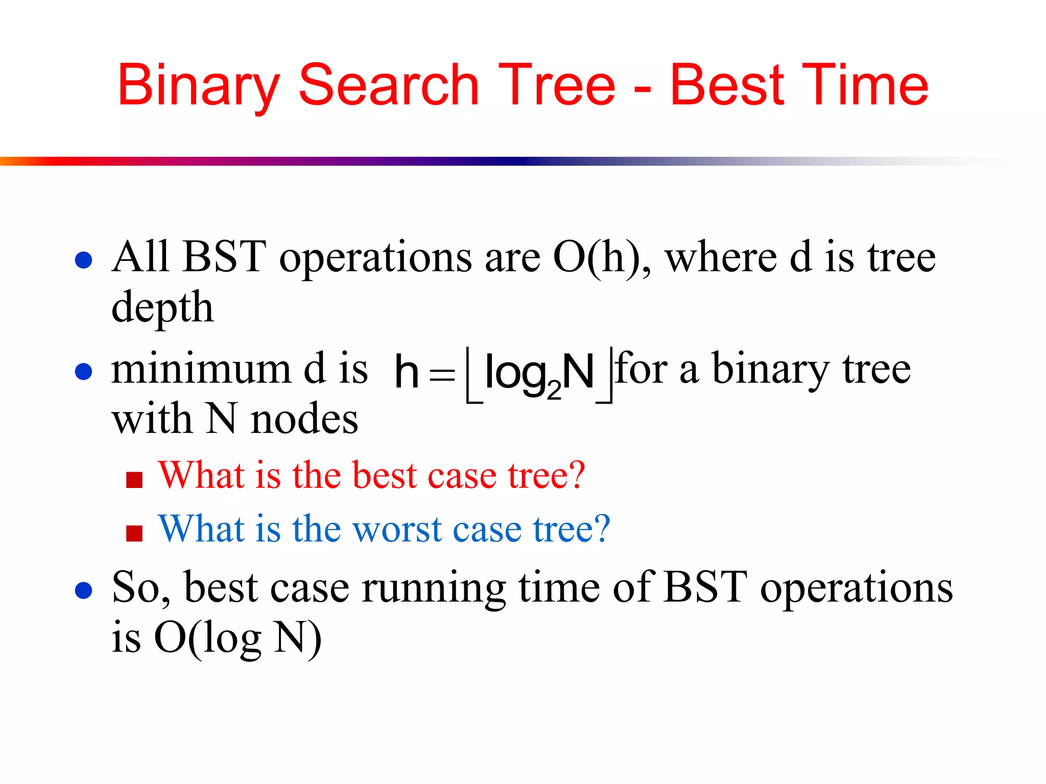 Binary Search Tree - Best Time
● All BST operations are O(h), where d is tree
depth
● minimum d is for a binary tree
with N nodes
■ What is the best case tree?
■ What is the worst case tree?
● So, best case running time of BST operations
is O(log N)
2h log N
 