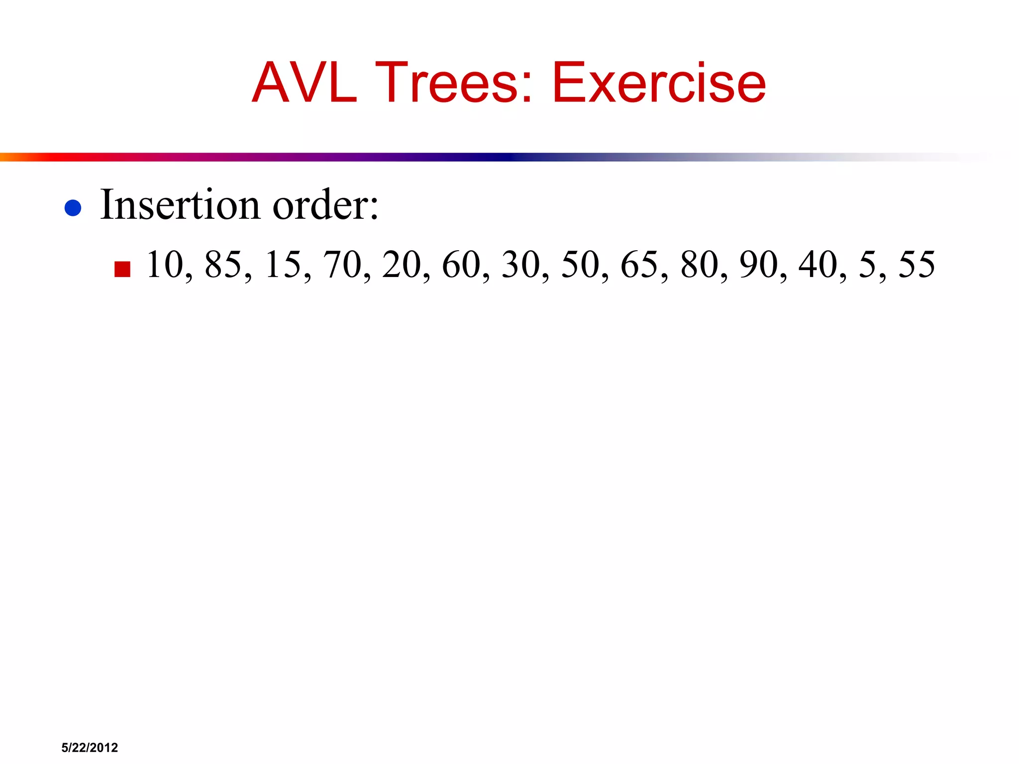5/22/2012
AVL Trees: Exercise
● Insertion order:
■ 10, 85, 15, 70, 20, 60, 30, 50, 65, 80, 90, 40, 5, 55
 