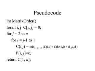 Pseudocode
int MatrixOrder()
forall i, j C[i, j] = 0;
for j = 2 to n
for i = j-1 to 1
C(i,j) = mini<=k<=j-1 (C(i,k)+ C(k+1,j) + di-1dkdj)
P[i, j]=k;
return C[1, n];
 
