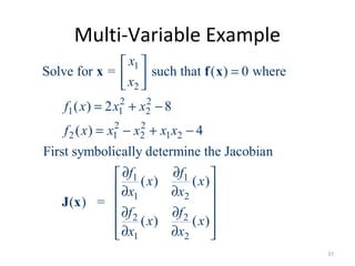 Multi-Variable Example
1
2
2 2
1 1 2
2 2
2 1 2 1 2
1 1
1 2
2 2
1 2
Solve for = such that ( ) 0 where
( ) 2 8
( ) 4
First symbolically determine the Jacobian
( ) ( )
( ) =
( ) ( )
x
x
f x x x
f x x x x x
f f
x x
x x
f f
x x
x x
 
= 
 
= + −
= − + −
∂ ∂ 
 ∂ ∂
 
∂ ∂ 
 ∂ ∂ 
x f x
J x
37
 