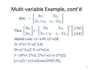 Multi-variable Example, cont’d
1 2
1 2 1 2
1
1 1 2 1
2 1 2 1 2 2
4 2
( ) =
2 2
4 2 ( )
Then
2 2 ( )
Matlab code: x1=x10; x2=x20;
f1=2*x1^2+x2^2-8;
f2=x1^2-x2^2+x1*x2-4;
J = [4*x1 2*x2; 2*x1+x2 x1-2*x2];
[x1;x2] =
x x
x x x x
x x x f
x x x x x f
−
 
 + − 
∆     
= −     ∆ + −     
J x
x
x
[x1;x2]-inv(J)*[f1;f2].
38
 