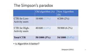 The Simpson’s paradox
• Is Algorithm A better?
29
Old algorithm (A) New Algorithm
(B)
CTR for Low-
Activity users
10/400 (2.5%) 4/200 (2%)
CTR for High-
Activity users
40/600 (6.6%) 50/800 (6.2%)
Total CTR 50/1000 (5%) 54/1000 (5.4%)
 