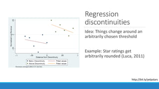 Figure 4: Average Revenue around Discontinuous Changes in Rating
Notes: Each restaurant’s log revenue is de-meaned to normalize a restaurant’s average log
revenue to zero. Normalized log revenues are then averaged within bins based on how far the
restaurant’s rating is from a rounding threshold in that quarter. The graph plots average log
revenue as a function of how far the rating is from a rounding threshold. All points with a
positive (negative) distance from a discontinuity are rounded up (down).
Regression
discontinuities
Idea: Things change around an
arbitrarily chosen threshold
Example: Star ratings get
arbitrarily rounded (Luca, 2011)
http://bit.ly/yelpstars
 