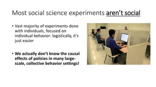 Most social science experiments aren’t social
• Vast majority of experiments done
with individuals, focused on
individual behavior: logistically, it’s
just easier
• We actually don’t know the causal
effects of policies in many large-
scale, collective behavior settings!
 