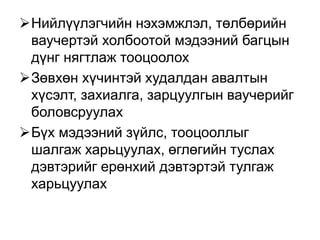 Нийлүүлэгчийн нэхэмжлэл, төлбөрийн
ваучертэй холбоотой мэдээний багцын
дүнг нягтлаж тооцоолох
Зөвхөн хүчинтэй худалдан авалтын
хүсэлт, захиалга, зарцуулгын ваучерийг
боловсруулах
Бүх мэдээний зүйлс, тооцооллыг
шалгаж харьцуулах, өглөгийн туслах
дэвтэрийг ерөнхий дэвтэртэй тулгаж
харьцуулах
 