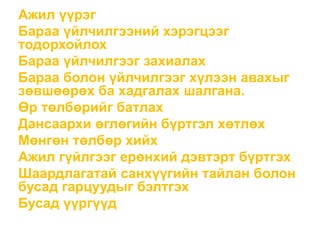 Ажил үүрэг
Бараа үйлчилгээний хэрэгцээг
тодорхойлох
Бараа үйлчилгээг захиалах
Бараа болон үйлчилгээг хүлээн авахыг
зөвшөөрөх ба хадгалах шалгана.
Өр төлбөрийг батлах
Дансаархи өглөгийн бүртгэл хөтлөх
Мөнгөн төлбөр хийх
Ажил гүйлгээг ерөнхий дэвтэрт бүртгэх
Шаардлагатай санхүүгийн тайлан болон
бусад гарцуудыг бэлтгэх
Бусад үүргүүд
 