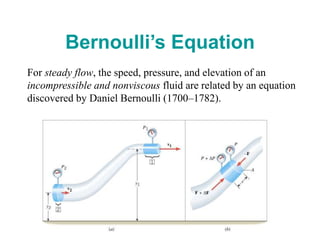 Bernoulli’s Equation
For steady flow, the speed, pressure, and elevation of an
incompressible and nonviscous fluid are related by an equation
discovered by Daniel Bernoulli (1700–1782).
 