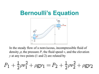 Bernoulli’s Equation
In the steady flow of a nonviscous, incompressible fluid of
density r, the pressure P, the fluid speed v, and the elevation
y at any two points (1 and 2) are related by
 