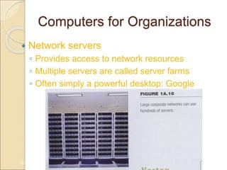 Computers for Organizations
 Network servers
◦ Provides access to network resources
◦ Multiple servers are called server farms
◦ Often simply a powerful desktop: Google
1A-19
 