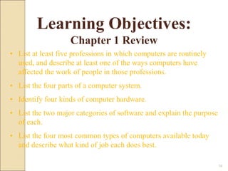 Learning Objectives:
Chapter 1 Review
• List at least five professions in which computers are routinely
used, and describe at least one of the ways computers have
affected the work of people in those professions.
• List the four parts of a computer system.
• Identify four kinds of computer hardware.
• List the two major categories of software and explain the purpose
of each.
• List the four most common types of computers available today
and describe what kind of job each does best.
54
 