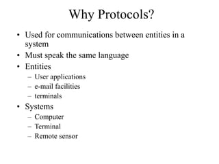 Why Protocols?
• Used for communications between entities in a
system
• Must speak the same language
• Entities
– User app...