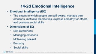 17
Griffin, Management, 10e©2021 Cengage Learning. All Rights Reserved. May not be scanned, copied or duplicated, or posted to a publicly accessible website, in whole or in part.
14-2d Emotional Intelligence
• Emotional intelligence (EQ)
• The extent to which people are self-aware, manage their
emotions, motivate themselves, express empathy for others,
and possess social skills
• Dimensions of EQ
• Self-awareness
• Managing emotions
• Motivating oneself
• Empathy
• Social skills
 
